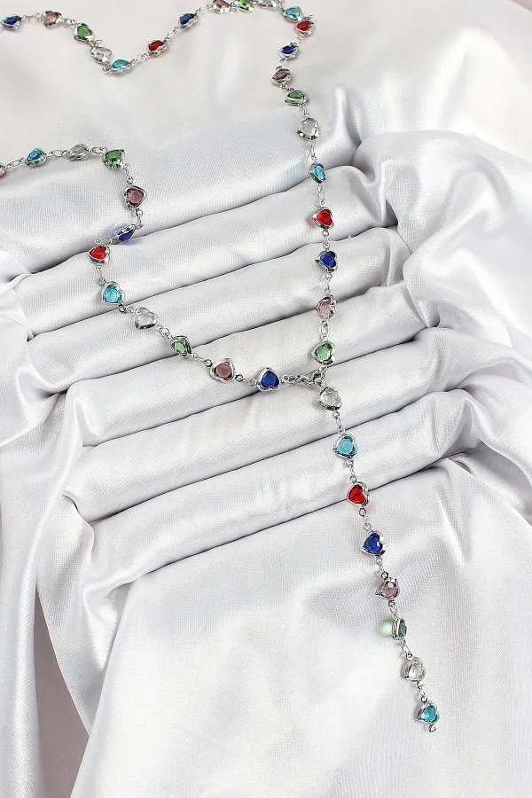 Pirinç Gümüş Renk Karışık Renk Zirkon Taşlı Kalpli Y Kadın Kolye