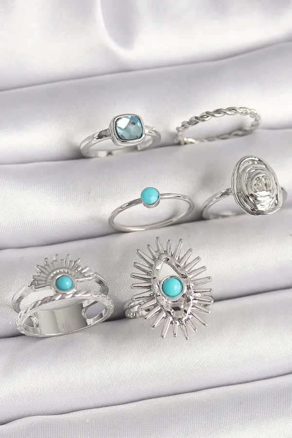 Pirinç Gümüş Renk Mavi Taşlı Kare Zirkon Taş Detaylı Kadın Yüzük Seti