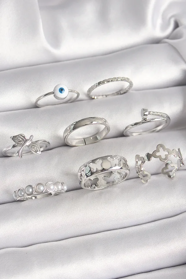 Pirinç Gümüş Renk Nazar Boncuk Detay İncili Kelebek İşlemeli Kadın Yüzük Seti