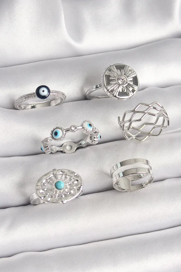 Pirinç Gümüş Renk Nazar Boncuk Zirkon Taş Detaylı Dalga Figür Kadın Yüzük Seti