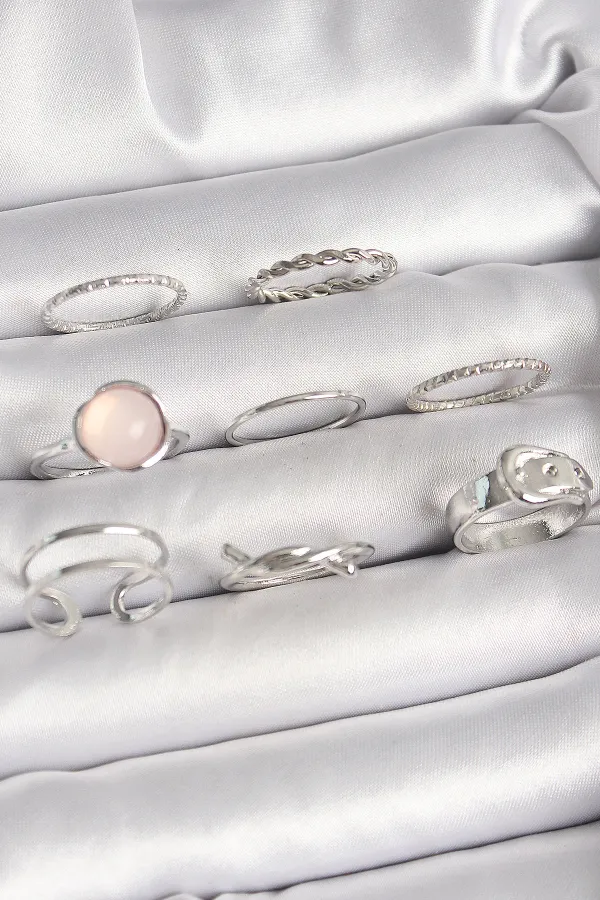 Pirinç Gümüş Renk Pembe Mineli Kemer Düğüm Figür Kadın Yüzük Kombini