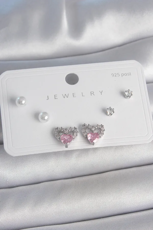 Pirinç Gümüş Renk Pembe Zirkon Taşlı Kalp Model İnci Detay 925 Ayar Gümüş Çivi Kadın Küpe Seti