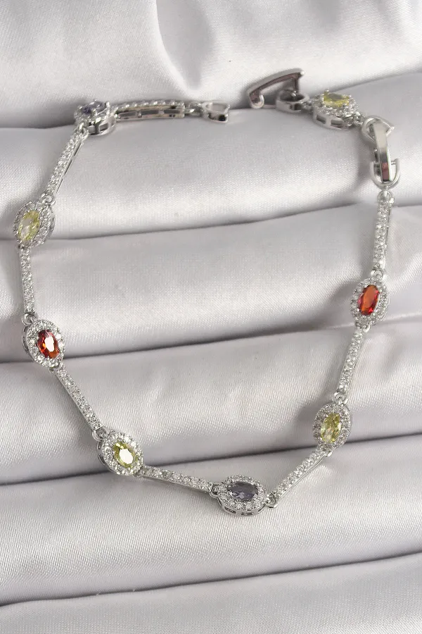 Pirinç Gümüş Renk Renkli Zirkon Taşlı Damla Taş Model Kadın Bileklik