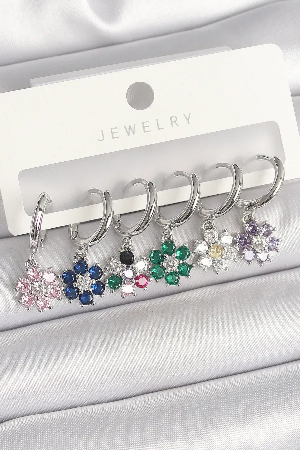 Pirinç Gümüş Renk Sallantı Renkli Zirkon Taşlı Çiçek Model Kadın Küpe Seti