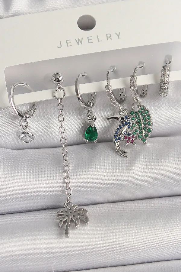 Pirinç Gümüş Renk Sallantı Zirkon Taşlı Ağaç Figür Çoklu Kadın Küpe Seti