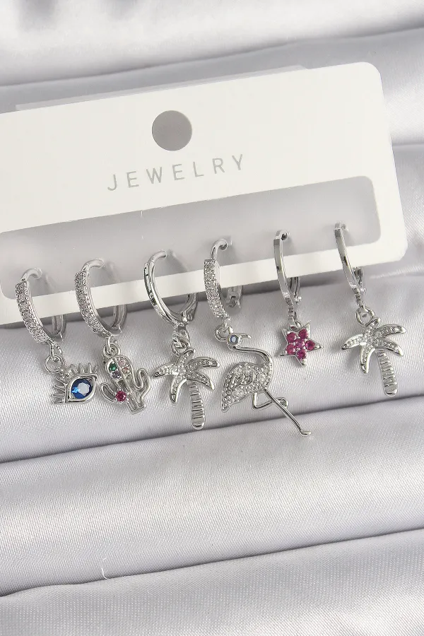 Pirinç Gümüş Renk Sallantı Zirkon Taşlı Deve Kuşu Figür Çoklu Kadın Küpe Seti