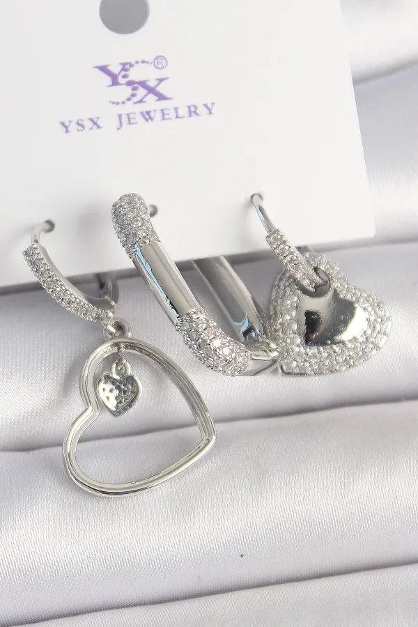 Pirinç Gümüş Renk Sallantı Zirkon Taşlı Kalp Model 3'Lü Kadın Kombin Küpe