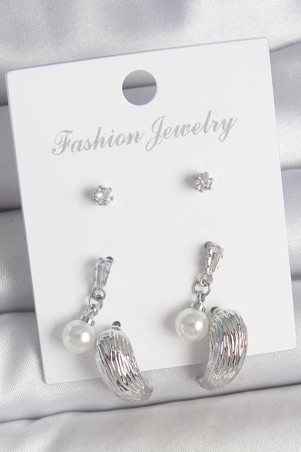 Pirinç Gümüş Renk Sallantılı Zirkon Taşlı Damla Model 3 Çift Kadın Küpe Seti