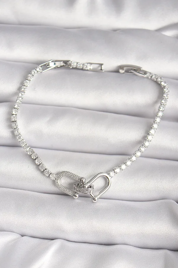 Pirinç Gümüş Renk Su Yolu Zirkon Taşlı Model Kadın Bileklik