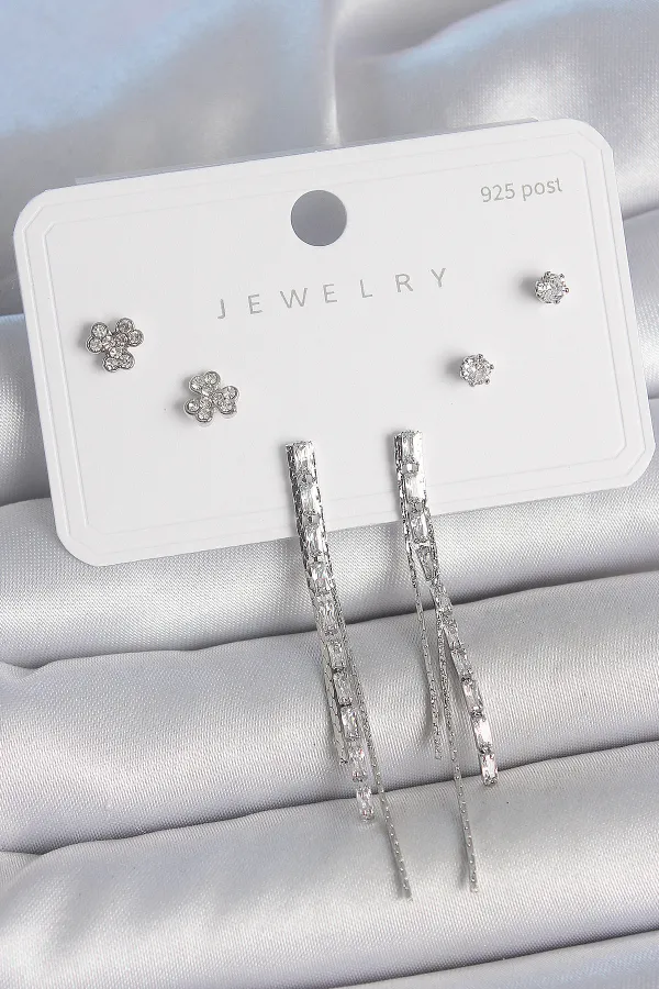 Pirinç Gümüş Renk Su Yolu Zirkon Taşlı Sallantı Model Çiçek Detay 925 Ayar Gümüş Çivi Kadın Küpe