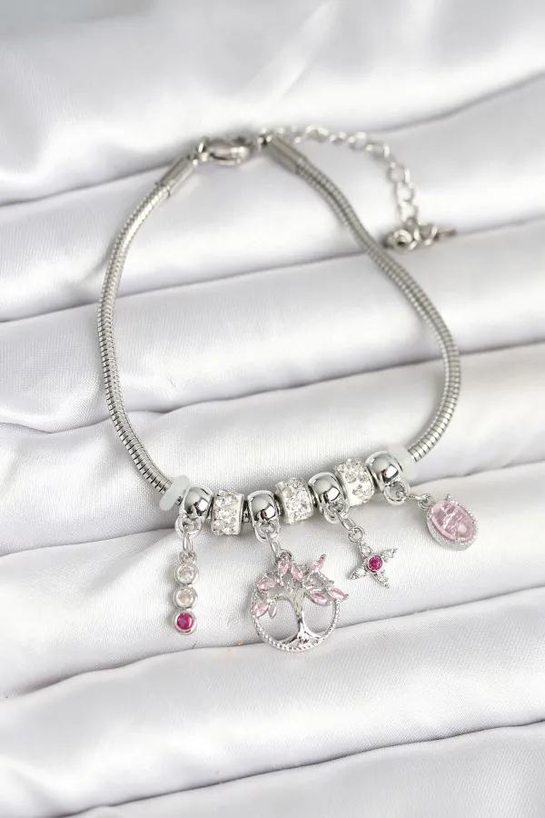 Pirinç Gümüş Renk Yaşam Ağacı Charmlı Kadın Bileklik