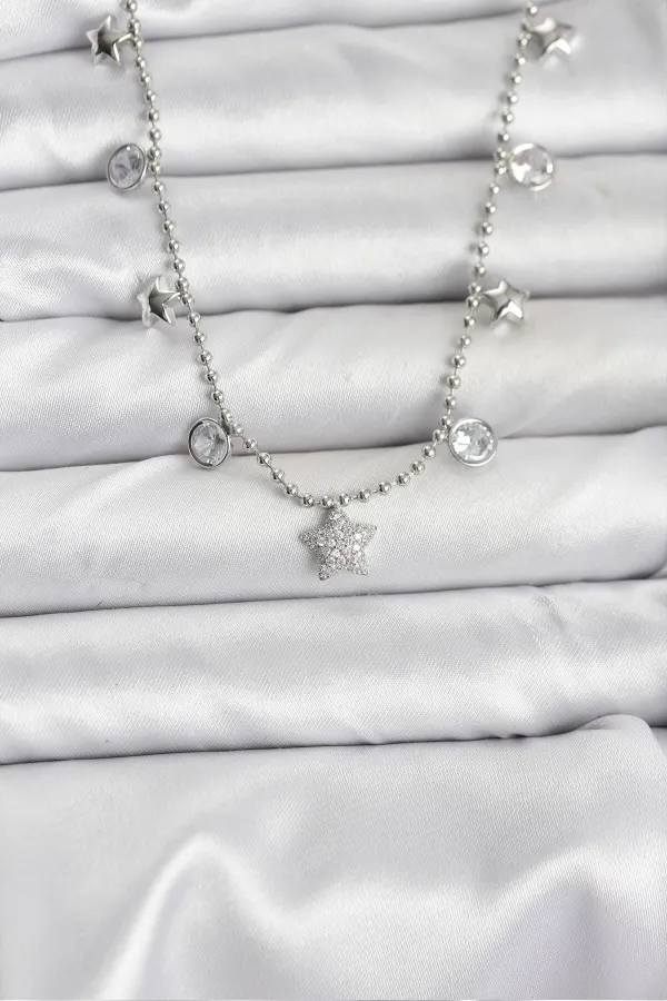 Pirinç Gümüş Renk Yıldız Model Kadın Kolye
