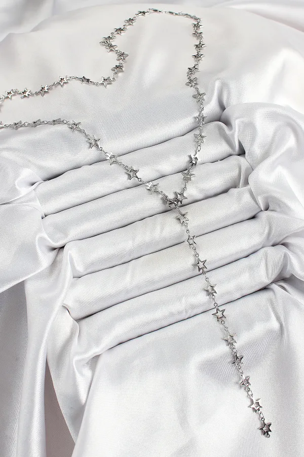 Pirinç Gümüş Renk Yıldızlı Kadın Y Kolye