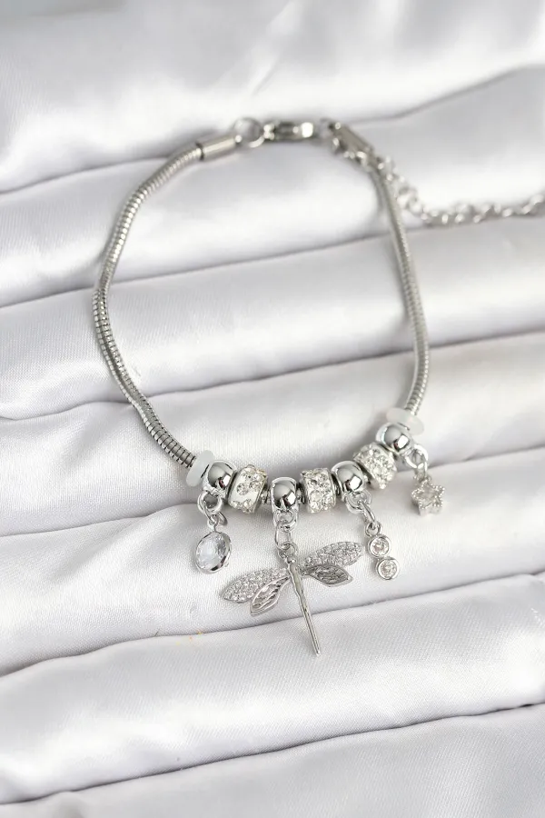 Pirinç Gümüş Renk Yusufçuk Charmlı Kadın Bileklik