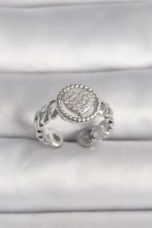 Pirinç Gümüş Renk Zincir Model Zirkon Taşlı Kalp Model Kadın Yüzük