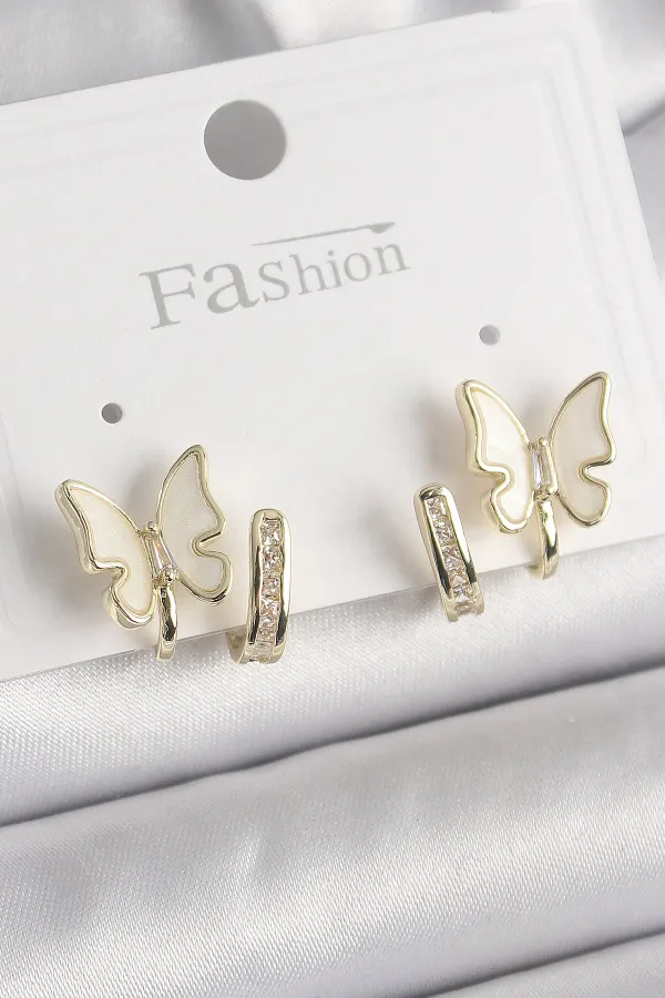 Pirinç Gümüş Renk Zirkon Taş Detaylı Beyaz Sedefli Kelebek Model Kadın Küpe