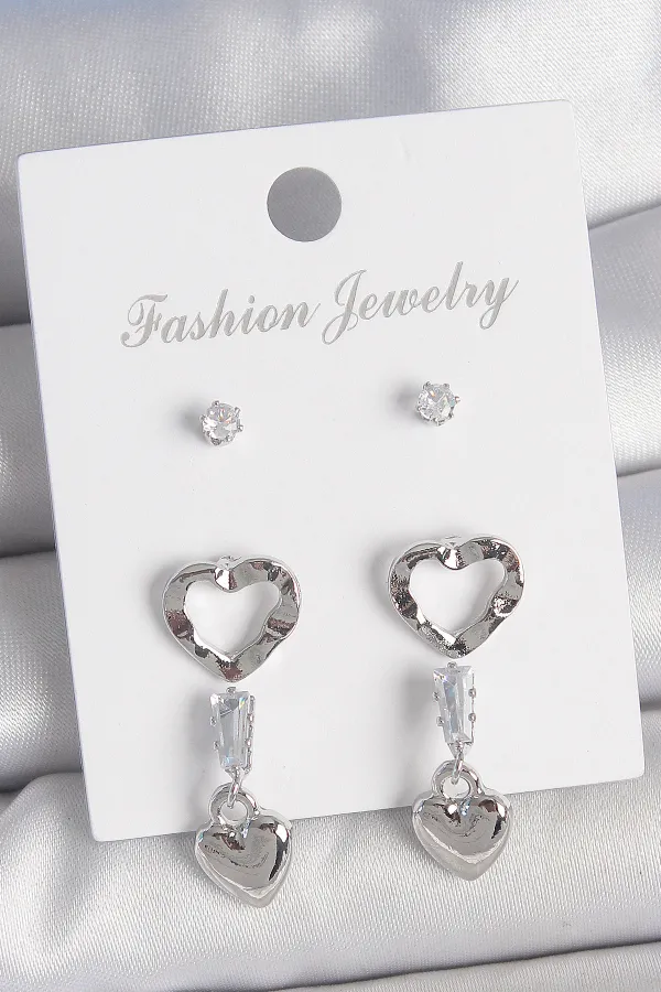 Pirinç Gümüş Renk Zirkon Taş Detaylı Sallantı Model 2 Çift Kadın Küpe Seti