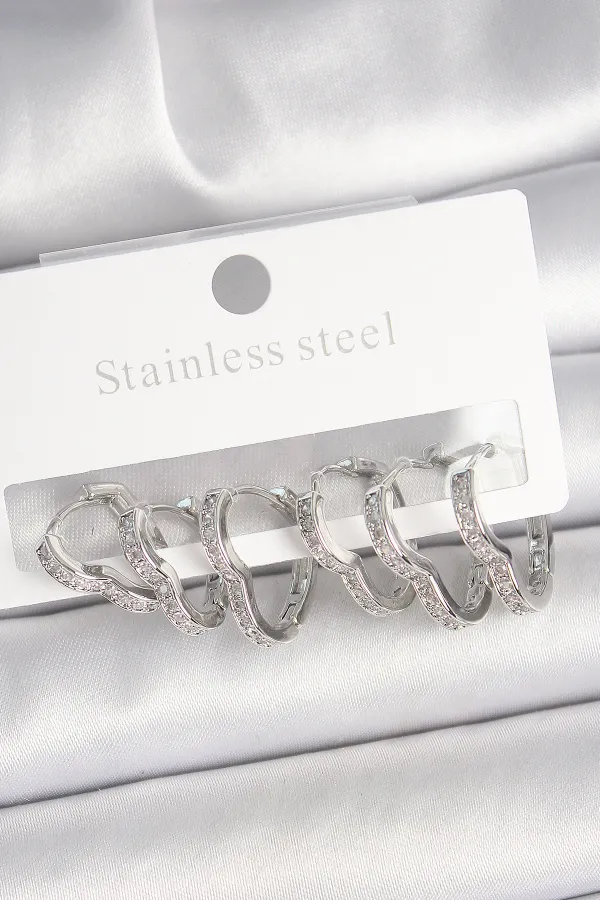 Pirinç Gümüş Renk Zirkon Taşlı 3 Çift Kalp Model Kadın Küpe