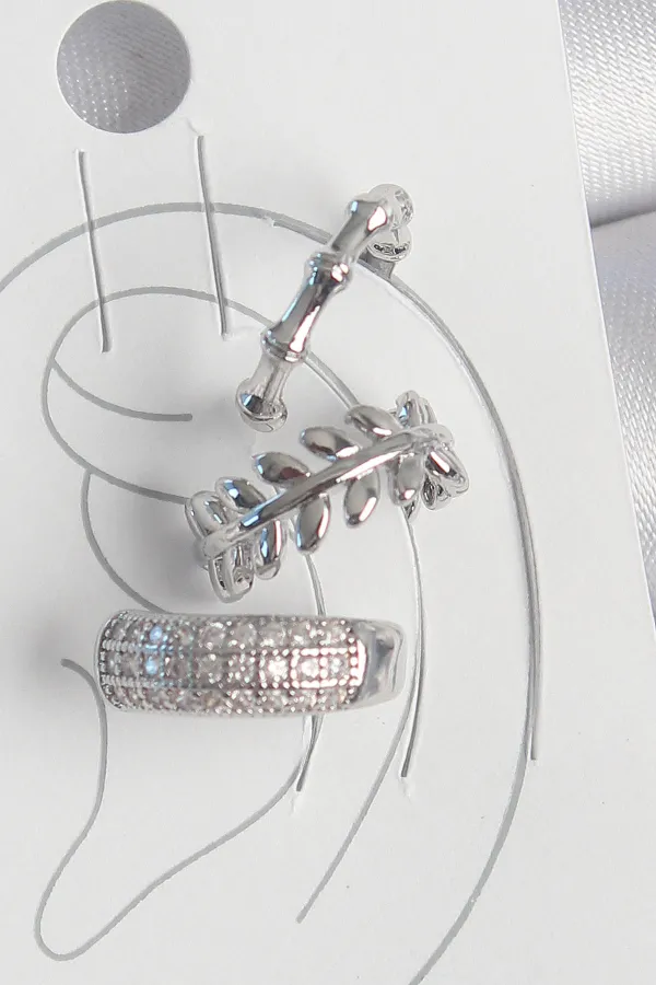 Pirinç Gümüş Renk Zirkon Taşlı 3'Lü Model Yaprak Figür Kadın Kıkırdak Küpe