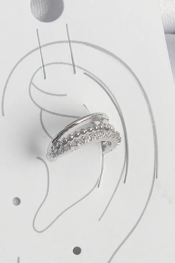 Pirinç Gümüş Renk Zirkon Taşlı 3'Lü Sıralı Kadın Kıkırdak Küpe