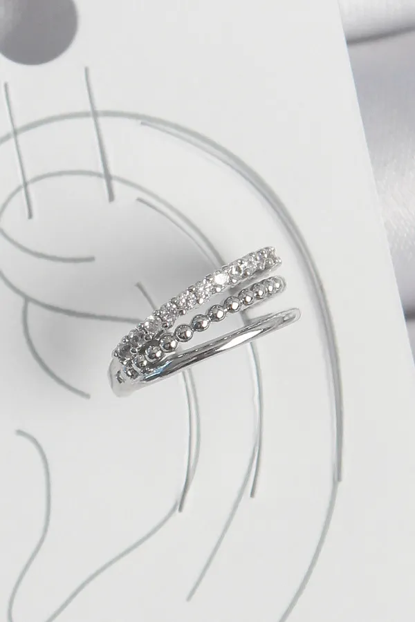 Pirinç Gümüş Renk Zirkon Taşlı 3'Lü Sıralı Model Kadın Kıkırdak Küpe