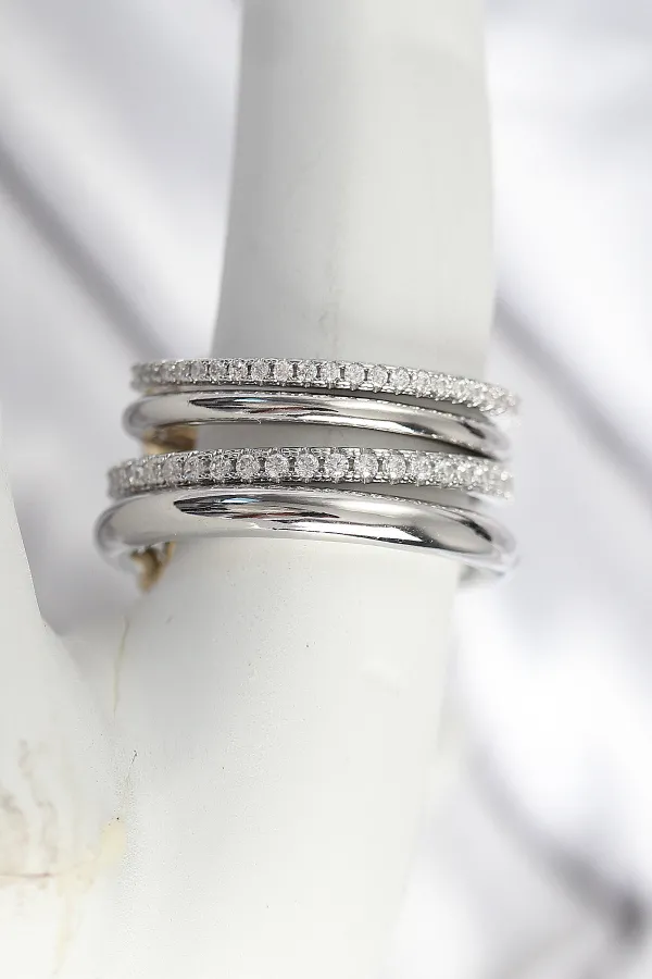 Pirinç Gümüş Renk Zirkon Taşlı 4'Lü Kadın Yüzük