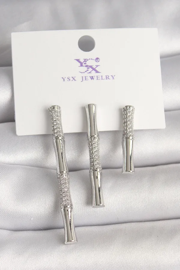 Pirinç Gümüş Renk Zirkon Taşlı Bambu Model 3'Lü Kadın Kombin Küpe