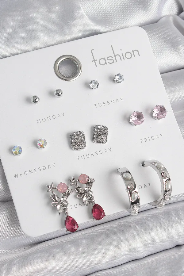 Pirinç Gümüş Renk Zirkon Taşlı Çiçek Figür İncili Halka Detay 7 Çift Kadın Küpe Seti