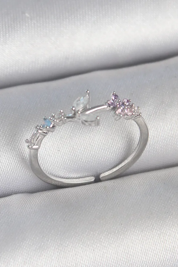 Pirinç Gümüş Renk Zirkon Taşlı Çiçek Model Ayarlanabilir Kadın Yüzük