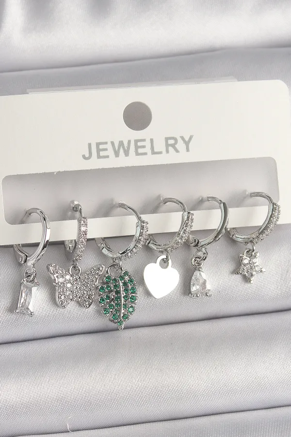 Pirinç Gümüş Renk Zirkon Taşlı Çoklu Figür Kadın Küpe Seti