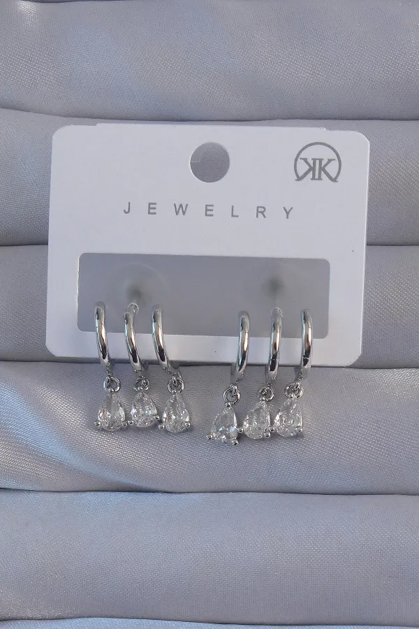 Pirinç Gümüş Renk Zirkon Taşlı Damla Model Çoklu Görünüm Halka Küpe