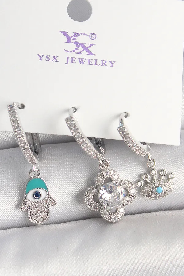 Pirinç Gümüş Renk Zirkon Taşlı Fatma Ana Yonca Figür Göz Detay 3'Lü Kadın Kombin Küpe