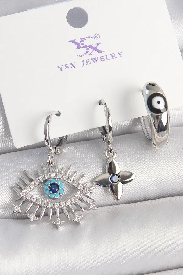 Pirinç Gümüş Renk Zirkon Taşlı Göz Model Nazar Boncuk Detay 3'Lü Kadın Kombin Küpe