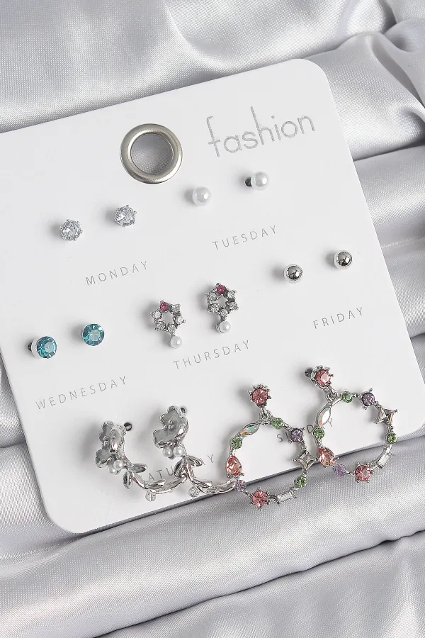 Pirinç Gümüş Renk Zirkon Taşlı Gül Figür Halka Model 7 Çift Kadın Küpe Seti