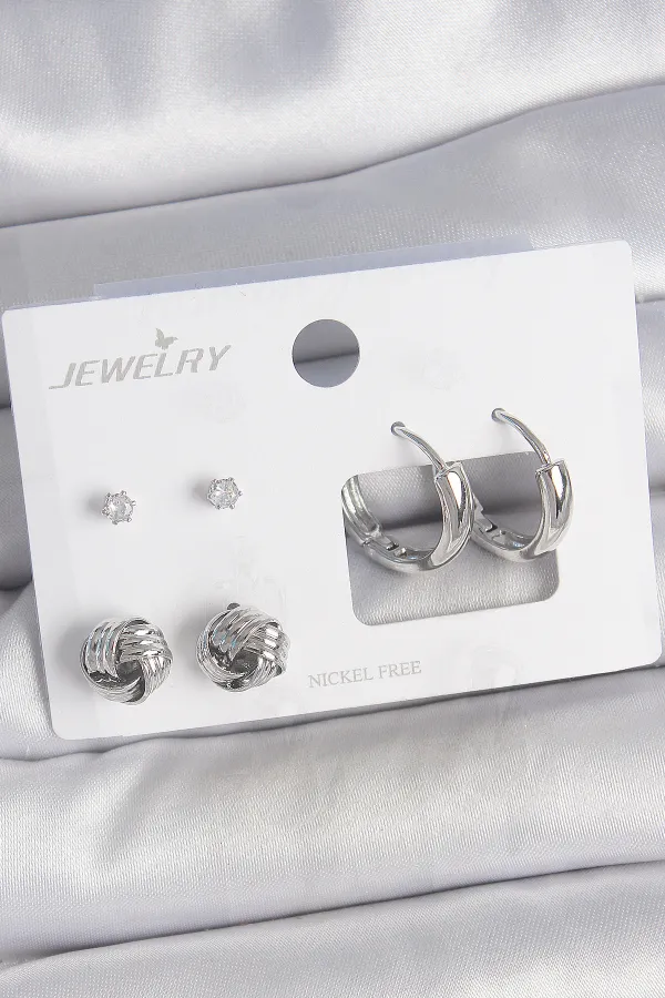 Pirinç Gümüş Renk Zirkon Taşlı Halka Model 3 Çift Kadın Küpe Seti