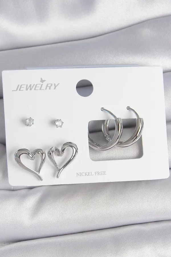 Pirinç Gümüş Renk Zirkon Taşlı Halka Model Kalp Detay 3 Çift Kadın Küpe Seti