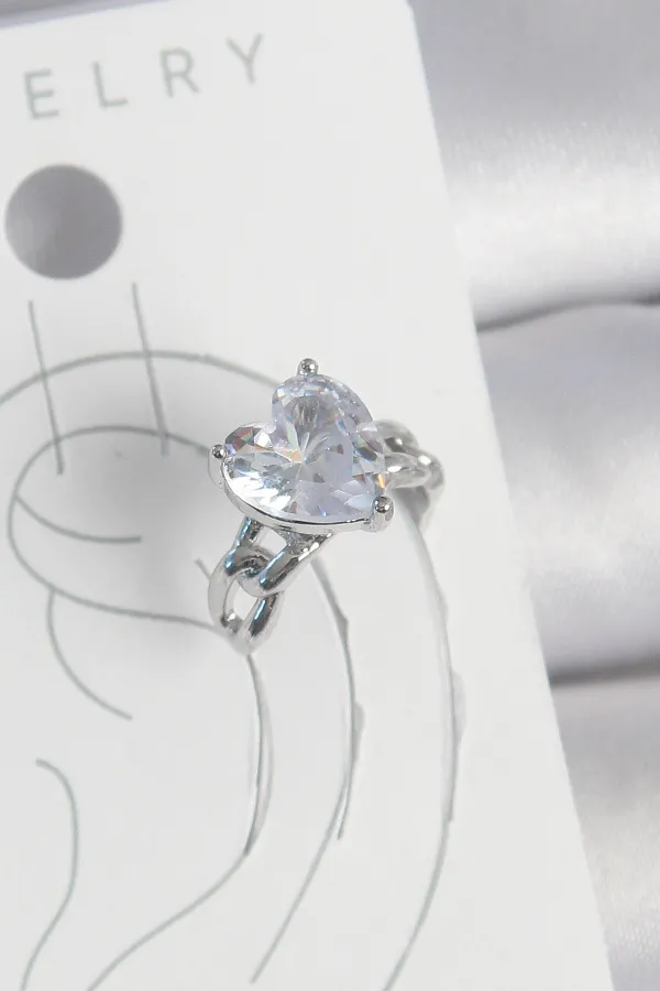 Pirinç Gümüş Renk Zirkon Taşlı Kalp Model Kadın Kıkırdak Küpe