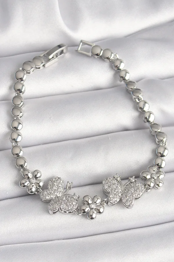 Pirinç Gümüş Renk Zirkon Taşlı Kelebek Figür Çiçek Zincir Model Kadın Bileklik