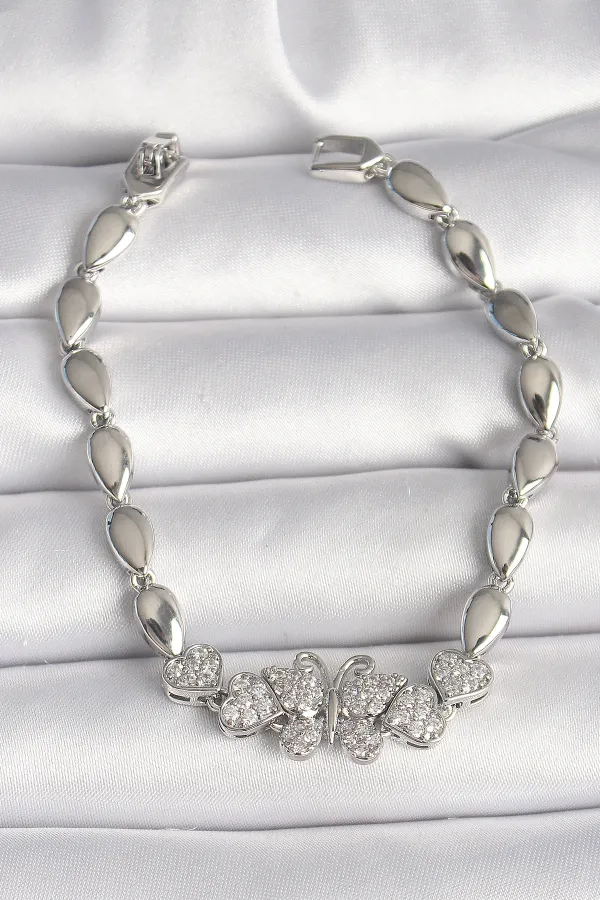 Pirinç Gümüş Renk Zirkon Taşlı Kelebek Figür Damla Zincir Model Kadın Bileklik