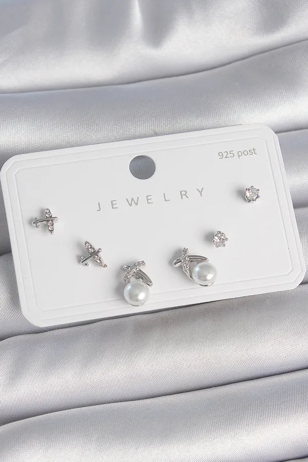 Pirinç Gümüş Renk Zirkon Taşlı Kelebek Model İnci Detay 925 Ayar Gümüş Çivi Kadın Küpe Seti