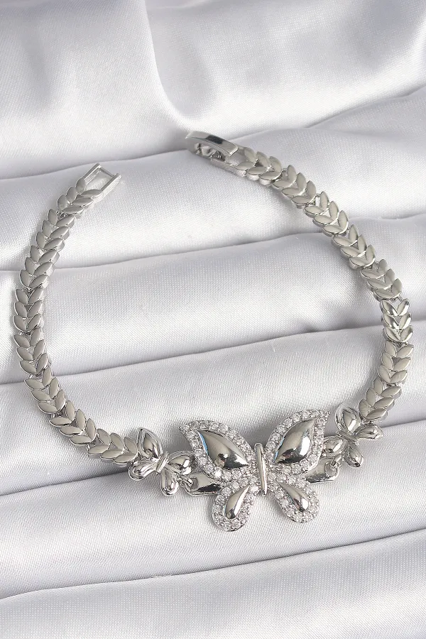 Pirinç Gümüş Renk Zirkon Taşlı Kelebek Model Kadın Bileklik