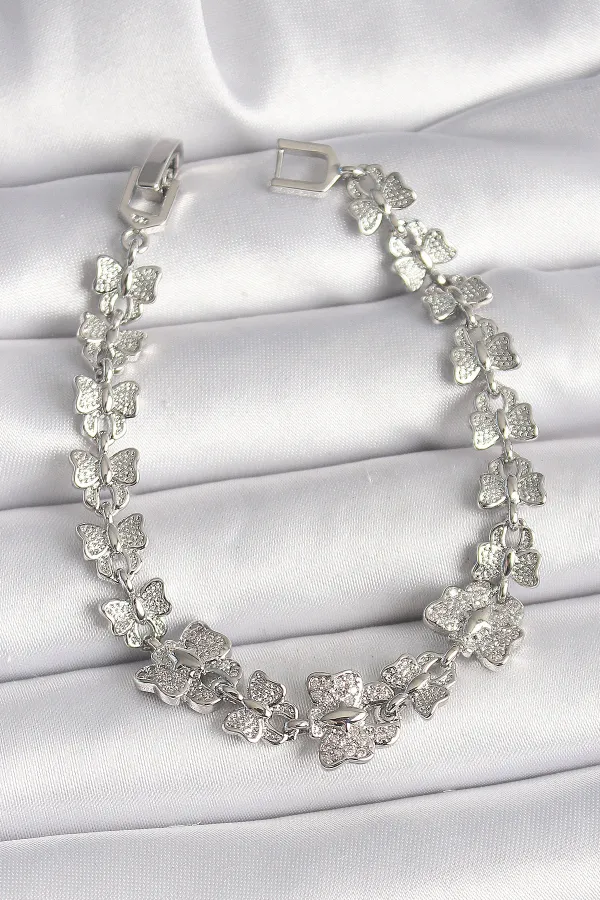 Pirinç Gümüş Renk Zirkon Taşlı Kelebek Model Zincir Kadın Bileklik