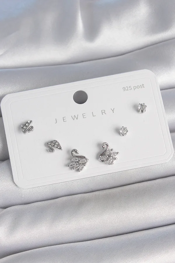 Pirinç Gümüş Renk Zirkon Taşlı Kuğu Model 925 Ayar Gümüş Çivi Kadın Küpe Seti