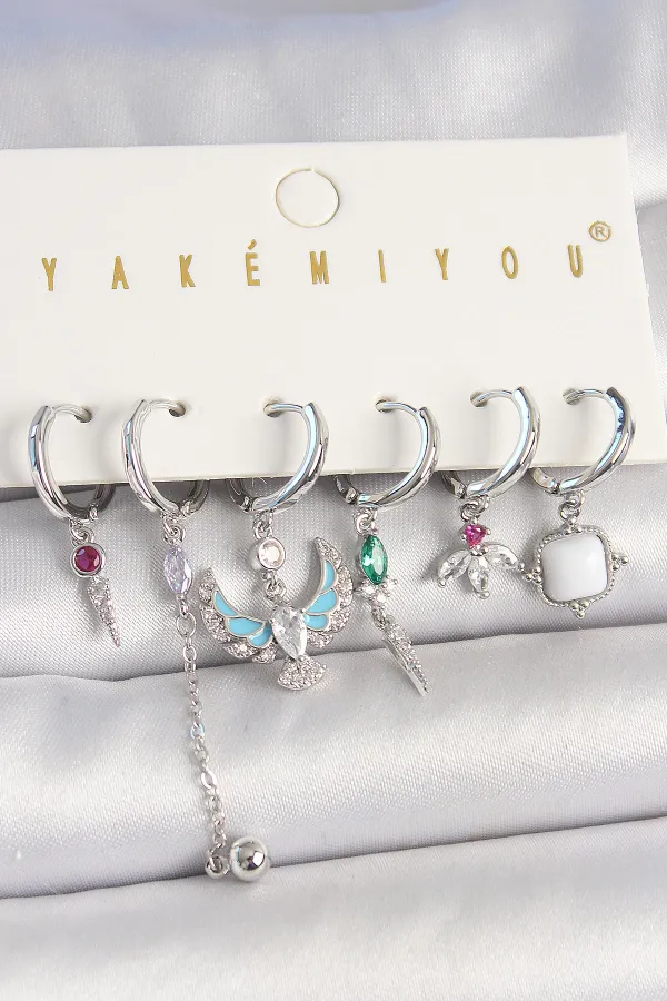 Pirinç Gümüş Renk Zirkon Taşlı Kuş Figür Çiçek Detay 6'Lı Kadın Kombin Küpe