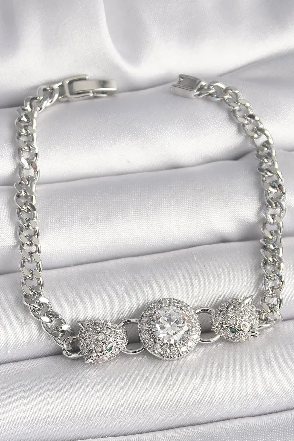 Pirinç Gümüş Renk Zirkon Taşlı Leopar Figür Zincir Model Kadın Bileklik