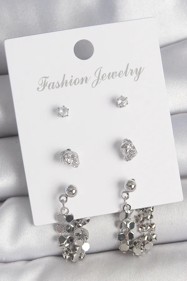 Pirinç Gümüş Renk Zirkon Taşlı Pullu Sallantılı Model 3 Çift Kadın Küpe Seti