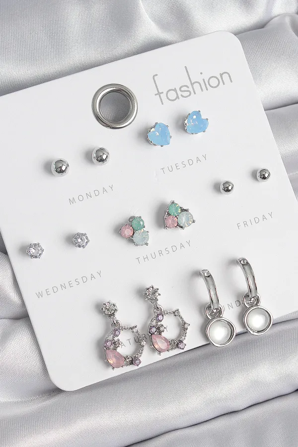 Pirinç Gümüş Renk Zirkon Taşlı Sallantı Halka Model Çiçek Detay 7 Çift Kadın Küpe Seti