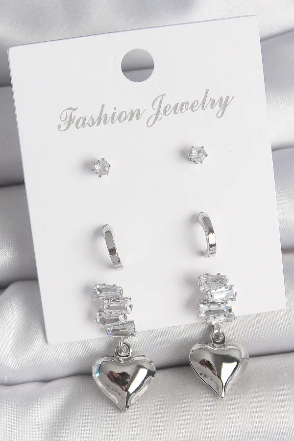 Pirinç Gümüş Renk Zirkon Taşlı Sallantılı Kalp Model Yarım Halka Detay 3 Çfit Kadın Küpe Seti