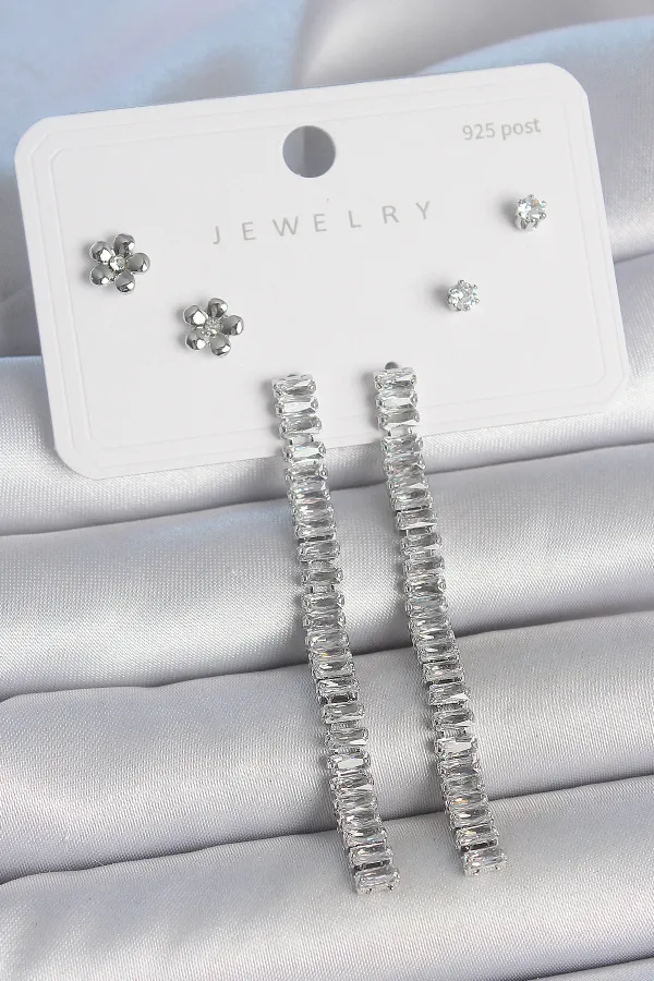 Pirinç Gümüş Renk Zirkon Taşlı Su Yolu Model Çiçek Detay 925 Ayar Gümüş Çivi Kadın Küpe Seti