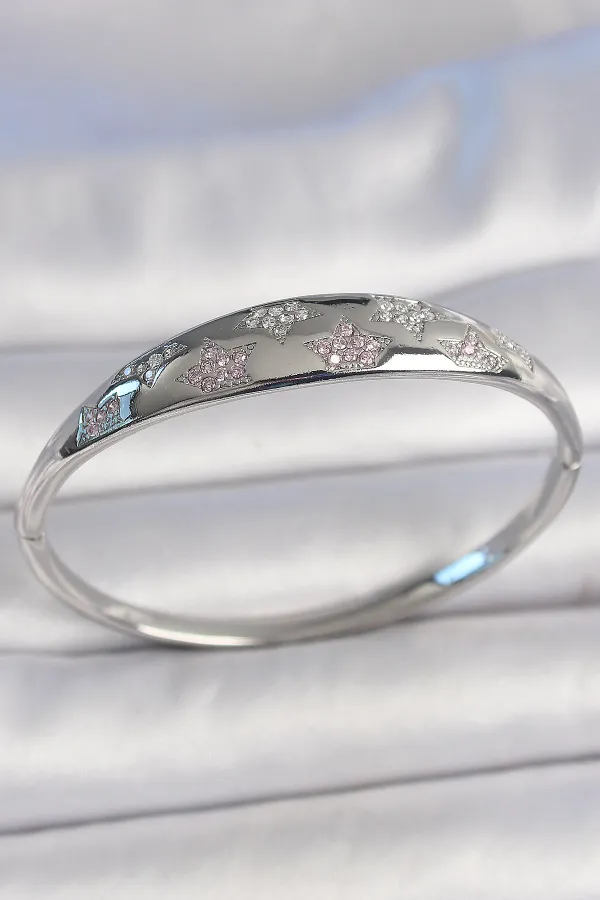 Pirinç Gümüş Renk Zirkon Taşlı Yıldız İşlemeli Kadın Kelepçe